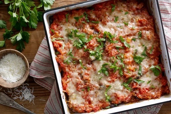 Eggplant Parmesan with grill-roasted tomato sauce