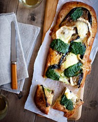 Eggplant, pesto, and goat-cheese pizza
