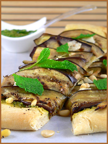 Eggplant pizza with fresh pesto and pine nuts