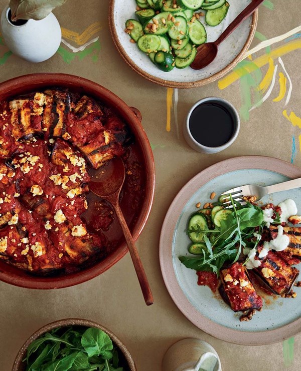 Eggplant roll-ups with lamb stuffing & tomato-cinnamon sauce