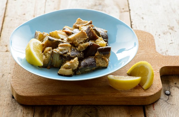 Eggplant salad with mustard-miso dressing