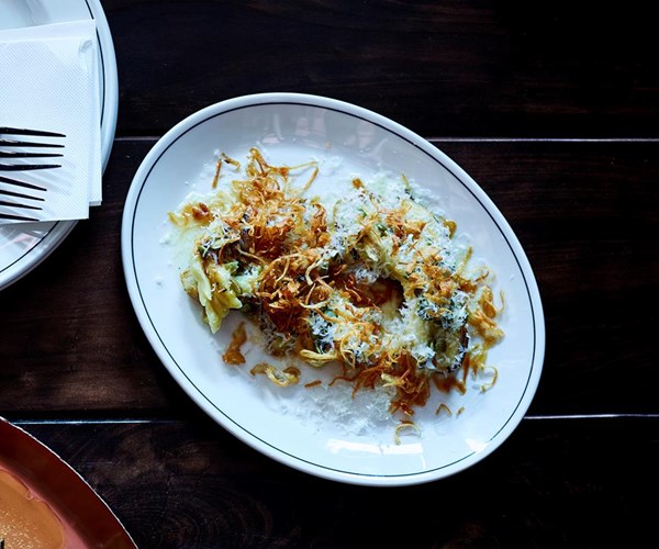 Eggplant salad with onions and salted ricotta