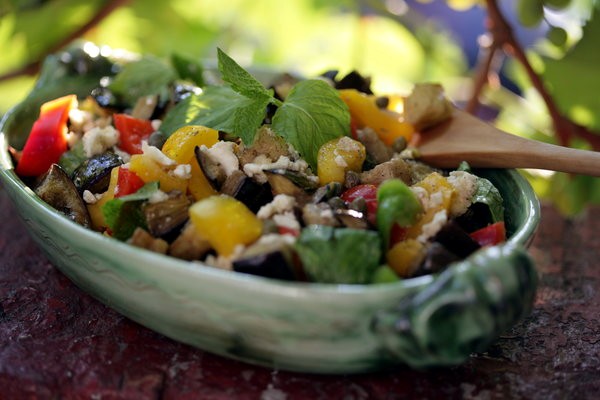Eggplant salad with peppers, mint and caper-feta vinaigrette