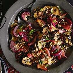 Eggplant salad with saffron, yoghurt and pine nuts