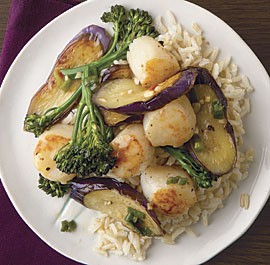 Eggplant, scallop, and broccolini stir-fry