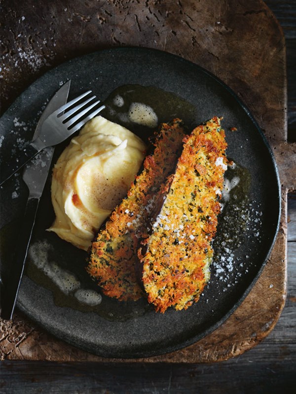 Eggplant schnitzels with creamy mash and burnt butter