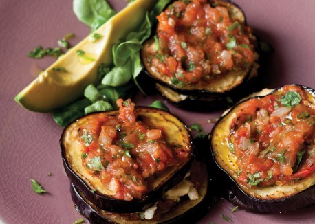 Eggplant stacks with tomato-chipotle salsa