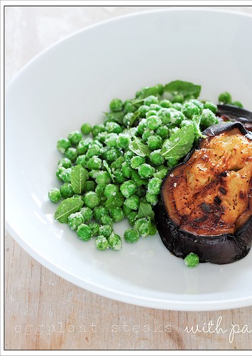 Eggplant steaks with Parmesan peas