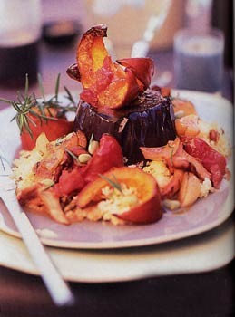 Eggplant steaks with pumpkin, tomato, and mushroom ragout