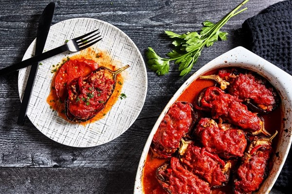 Eggplant stuffed with onions, peppers, cheese and nuts