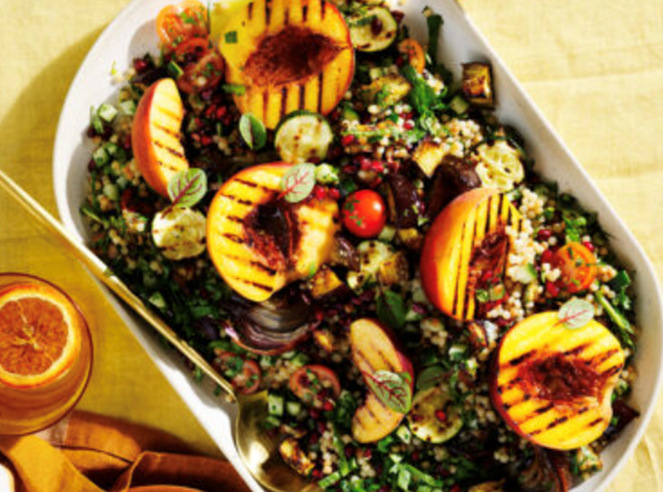 Eggplant tabbouleh salad with grilled peaches and pomegranate