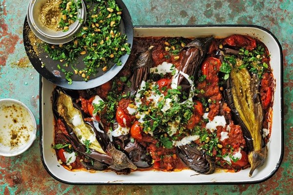 Eggplant, tomato & pine nut roast