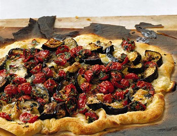 Eggplant, tomato, and Fontina pizza