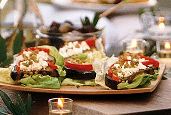 Eggplant with bell pepper, feta, and green olives