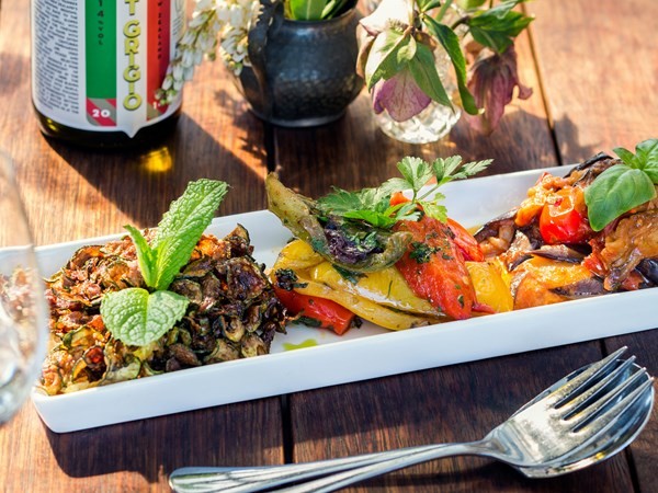Eggplant with cherry tomatoes, black olives & capers