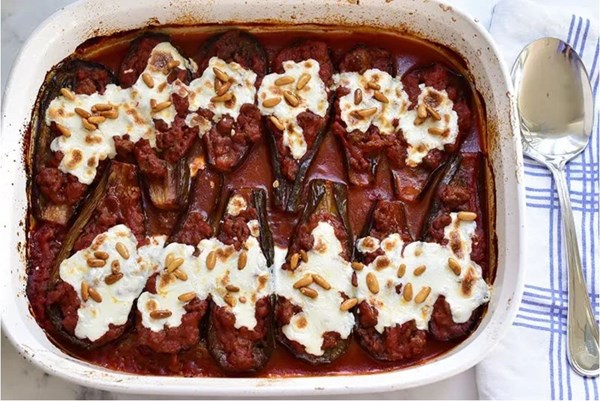Eggplant with lamb, tomato, and pine nuts