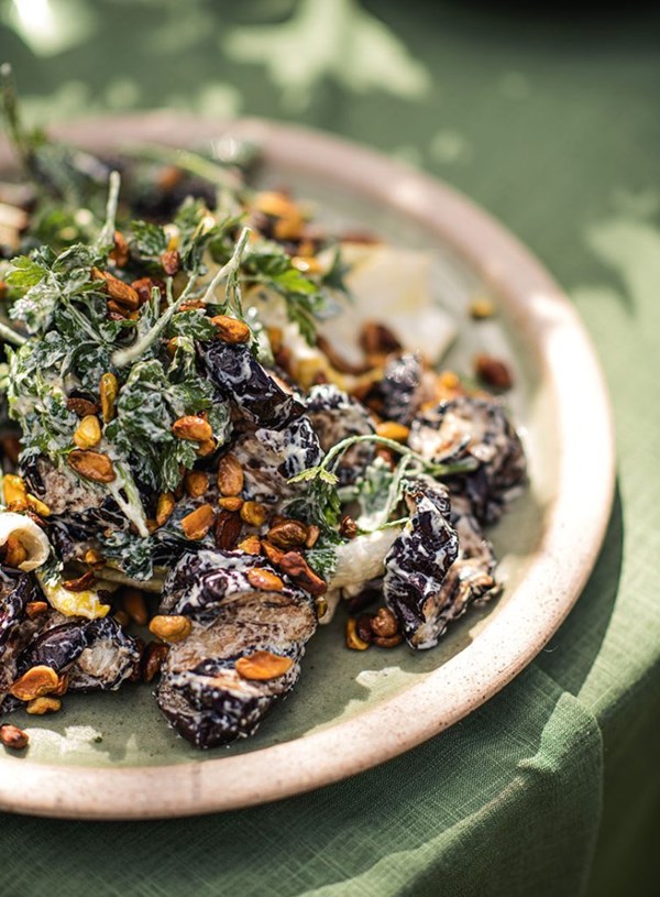 Eggplant with pistachios and sumac, feta and yoghurt dressing