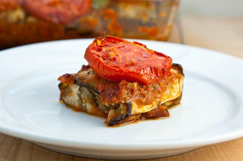 Eggplant wrapped kebabs baked in tomato sauce