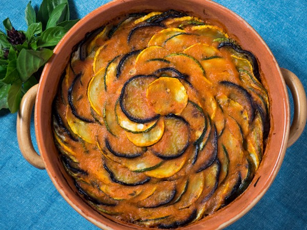 Eggplant, zucchini, squash, and tomato casserole (Provençal tian)