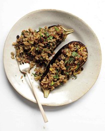 Eggplants stuffed with lamb, rice, and currants