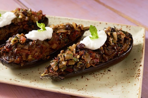 Eggplants stuffed with onions, raisins, and grape molasses (Imam bayildi me stafides kai petimezi)