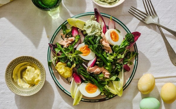 Eggs and vegetable platter with saffron and sorrel mayonnaise 