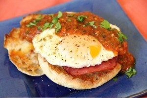 Eggs Benedict with pepper Jack and roasted salsa