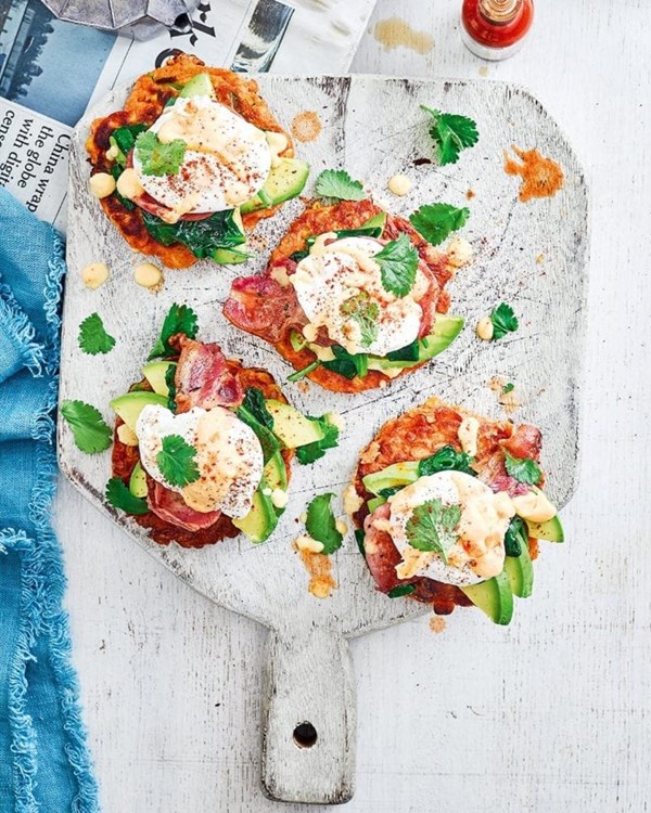 Eggs Benedict with smoky sweetcorn fritters