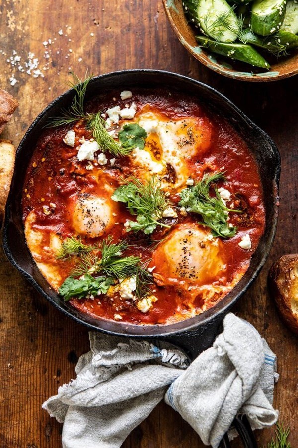 Eggs in purgatory with chile butter and feta