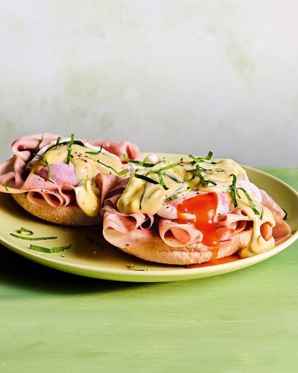 Eggs mortadella with wild garlic Hollandaise 