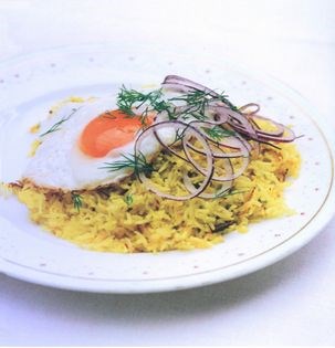 Eggs on crispy saffron rice