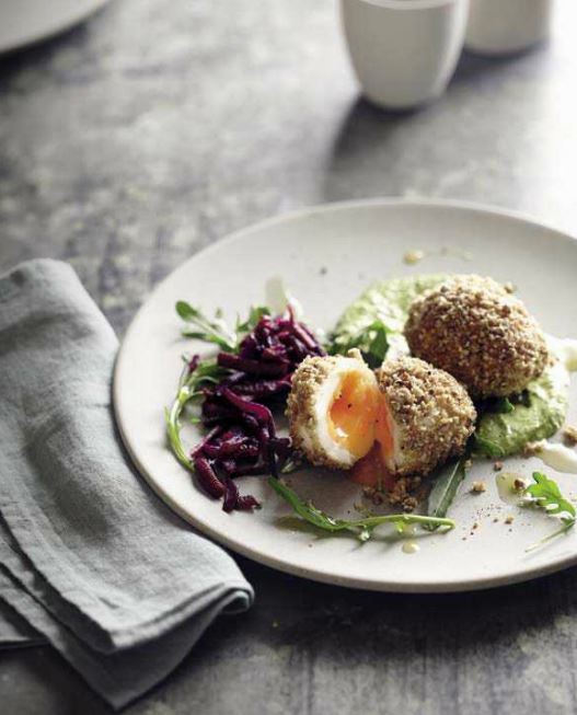 Eggs with dukkah, green tahini and cultured beetroot