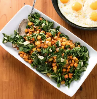 Eggs with sweet potato and Swiss chard hash