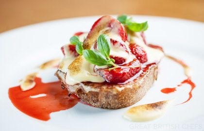 Eggy bread with pan-roast Sweet Eve strawberries and elderflower sabayon
