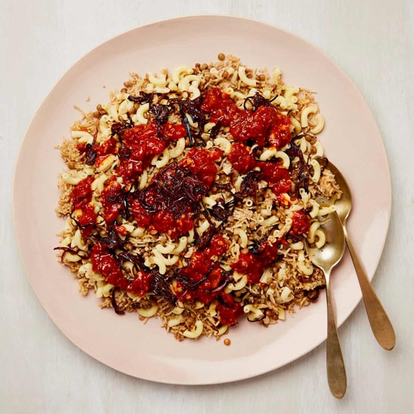 Egyptian rice and lentils, tomato sauce and onion (Koshari)