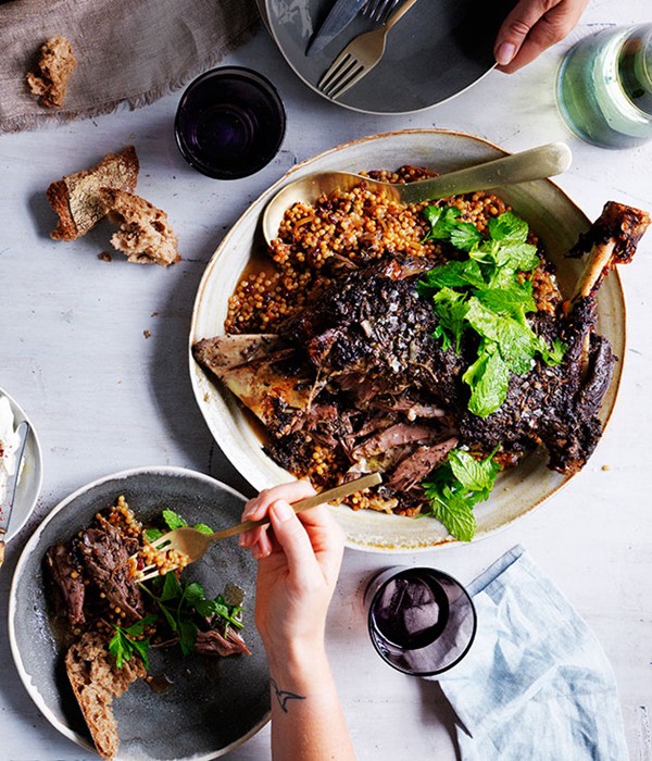 Eight-hour lamb shoulder with Israeli couscous and labne