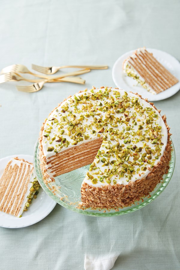 Eight-layer honey-pistachio cake