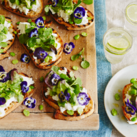Elderflower-dressed broad beans and leaves with burrata
