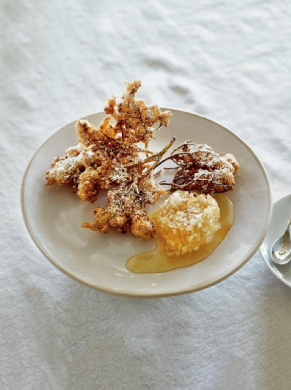 Elderflower fritters with honeycomb and salt [Skye Gyngell, Marle & Hearth Restaurants at Heckfield Place, UK]