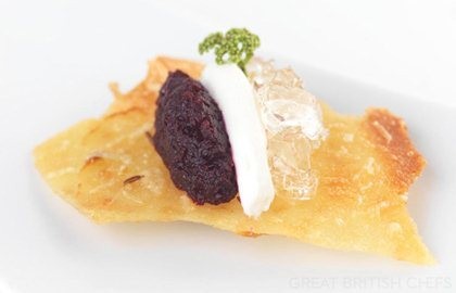 Elderflower jelly with beetroot relish, goat cheese and a caraway tuile