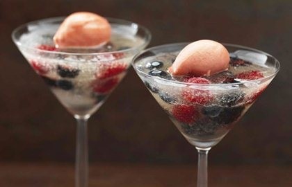 Elderflower jelly with summer berries and strawberry sorbet