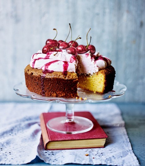Elderflower, lemon & cherry cream flourless cake