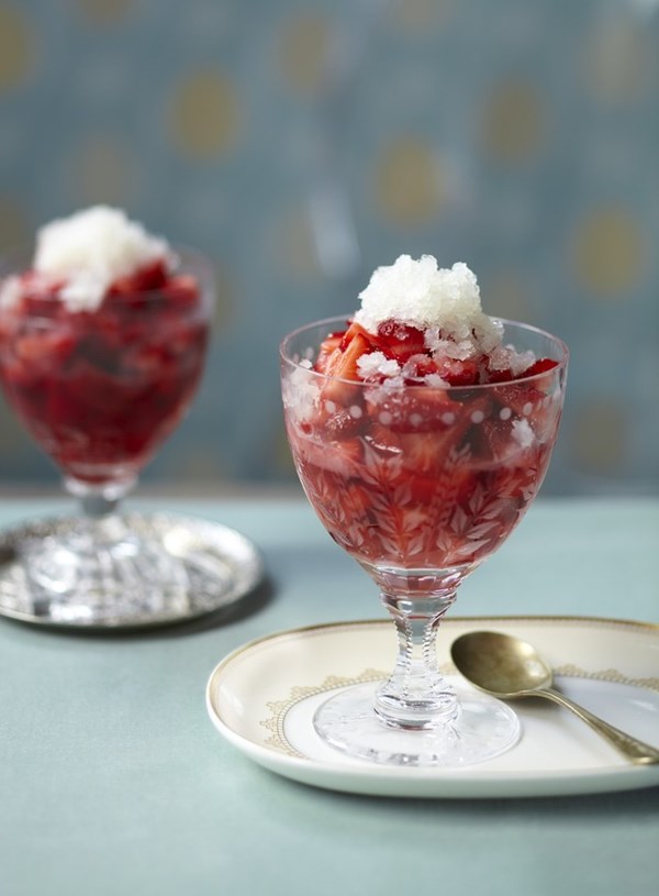 Elderflower marinated strawberries with lychee granita