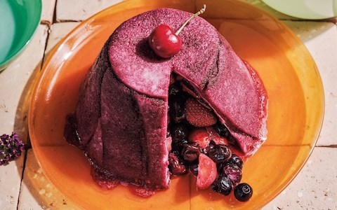Elderflower, strawberry, blueberry and cherry summer pudding