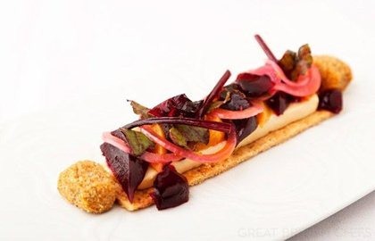 Elvedon beetroot tart with Binham blue cheese beignets