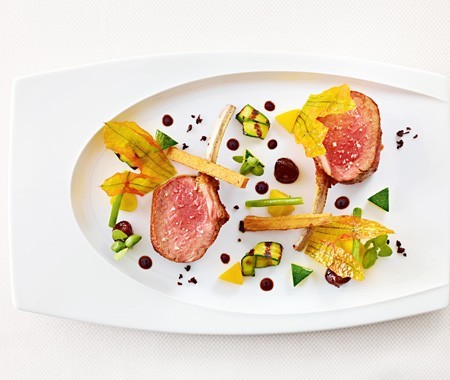 Elysian Fields Farm lamb rack, spiced tomato chutney, summer squash, black olives