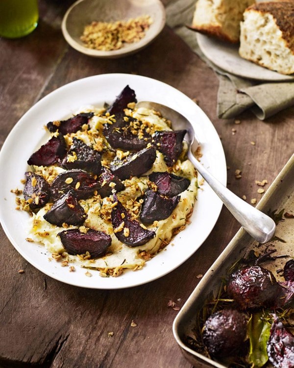 Ember-baked beetroot with horseradish mash and toasted oats 