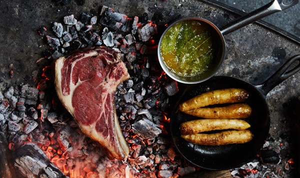 Ember-grilled steaks with bay leaf browned butter