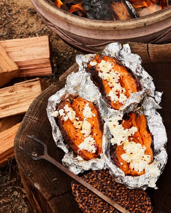 Ember-roasted sweet potatoes with aged feta
