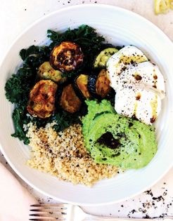 Emerald bowls with mozzarella and pea hummus